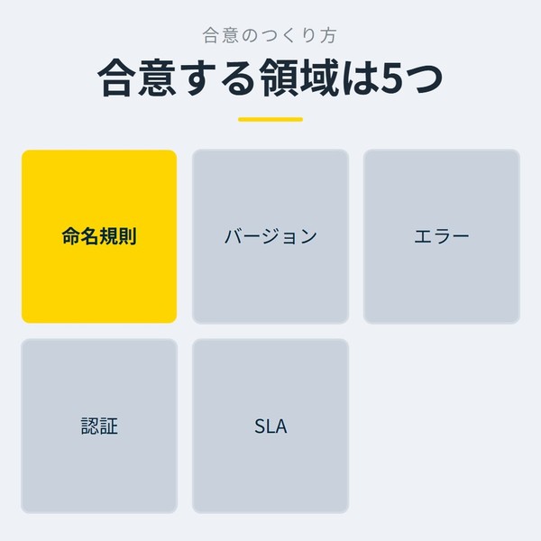 「合意する領域は5つ」を示す図です。命名規則／バージョン／エラー／認証／SLAを並べています。強調しているのは命名規則です。