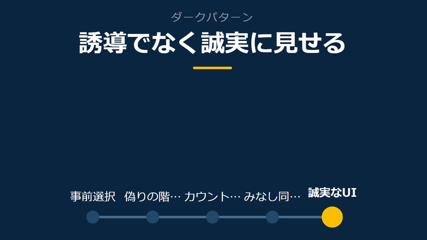 「誘導でなく誠実に見せる」を示す図です。事前選択/偽りの階層/カウントダウン/みなし同意/誠実なUIを並べています。強調しているのは誠実なUIです。