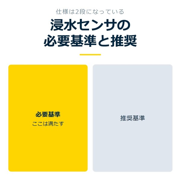 「浸水センサの必要基準と推奨」を示す図です。必要基準／推奨基準を並べています。強調しているのは必要基準です。ここは満たすと添えています。