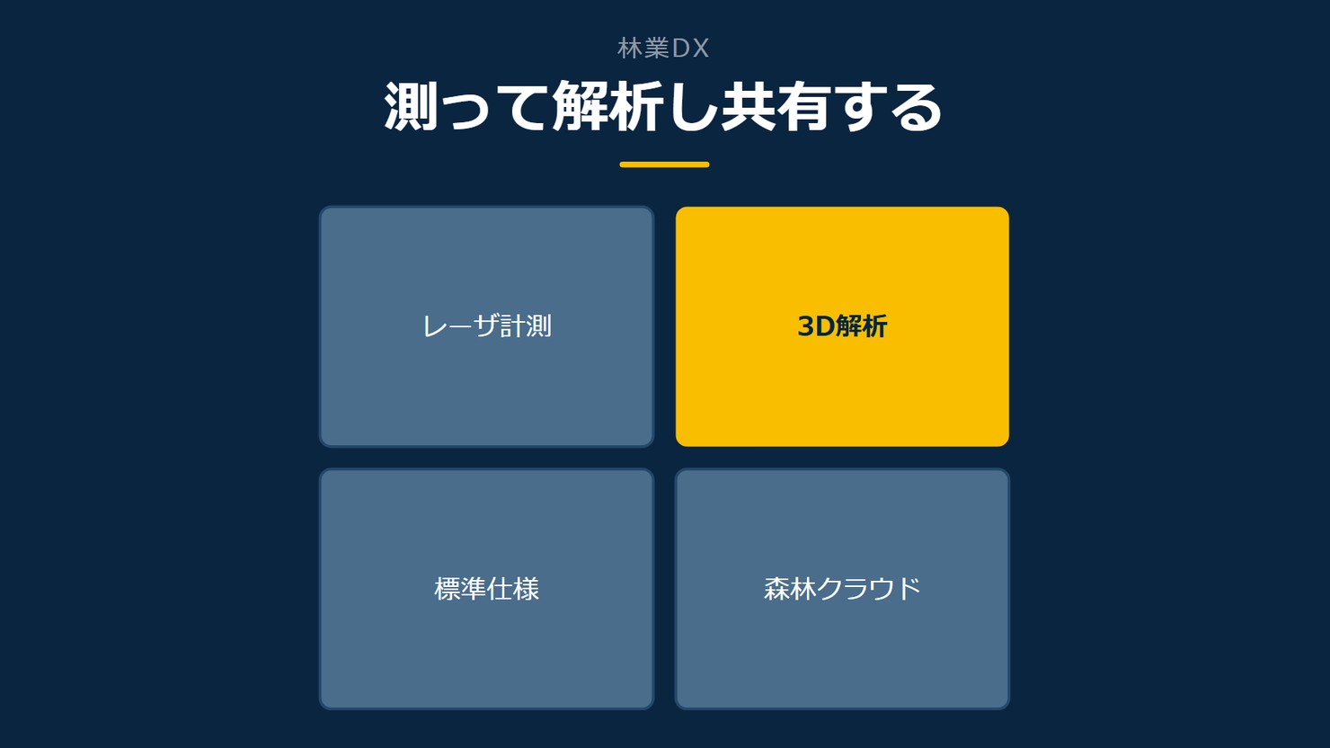 「測って解析し共有する」を示す図です。レーザ計測／3D解析／標準仕様／森林クラウドを並べています。強調しているのは3D解析です。
