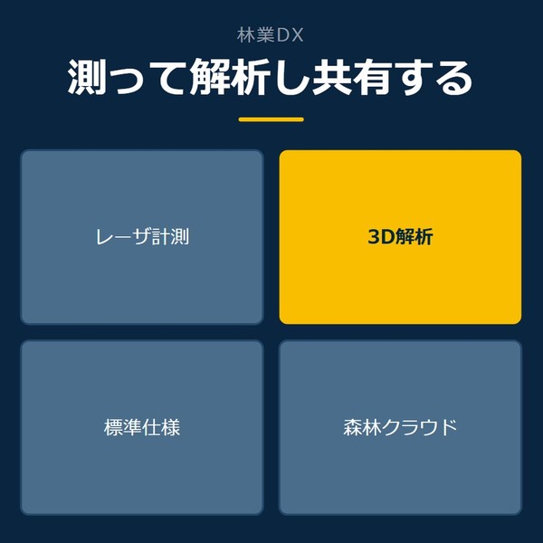 「測って解析し共有する」を示す図です。レーザ計測／3D解析／標準仕様／森林クラウドを並べています。強調しているのは3D解析です。
