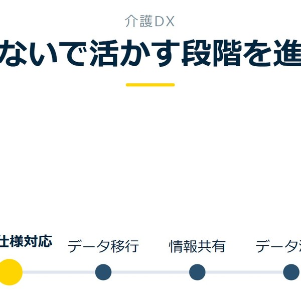 「つないで活かす段階を進む」を示す図です。標準仕様対応／データ移行／情報共有／データ活用を並べています。強調しているのは標準仕様対応です。