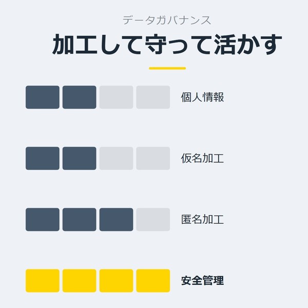 「加工して守って活かす」を示す図です。個人情報／仮名加工／匿名加工／安全管理を並べています。強調しているのは安全管理です。