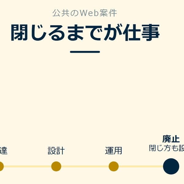 「閉じるまでが仕事」を示す図です。調達／設計／運用／廃止を並べています。強調しているのは廃止です。閉じ方も設計と添えています。