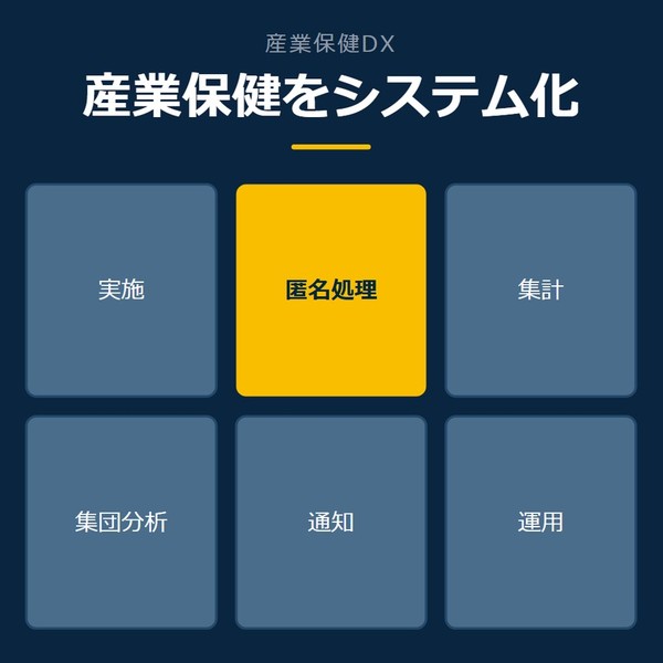 「産業保健をシステム化」を示す図です。実施／匿名処理／集計／集団分析／通知／運用を並べています。強調しているのは匿名処理です。
