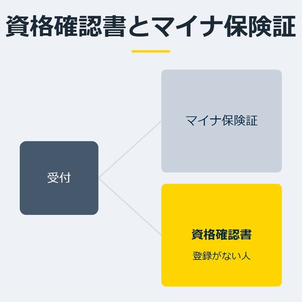 「資格確認書とマイナ保険証」を示す図です。受付／マイナ保険証／資格確認書を並べています。強調しているのは資格確認書です。登録がない人と添えています。