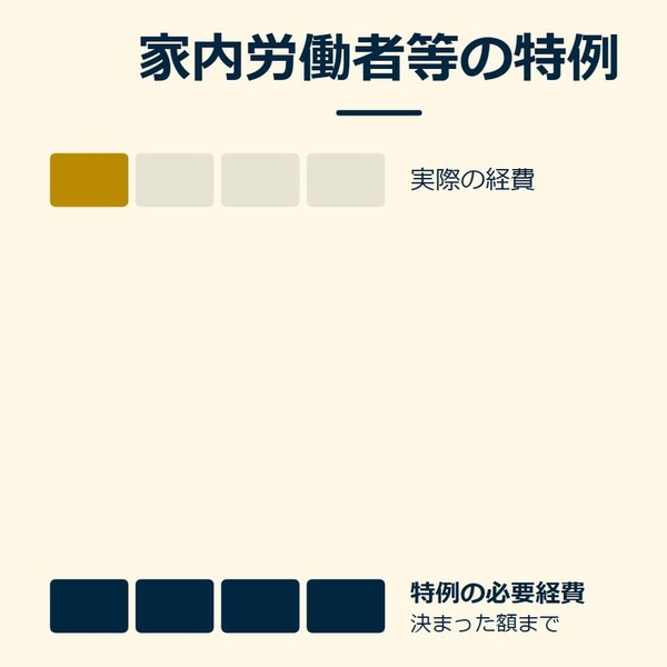 「家内労働者等の特例」を示す図です。実際の経費／特例の必要経費を並べています。強調しているのは特例の必要経費です。決まった額までと添えています。