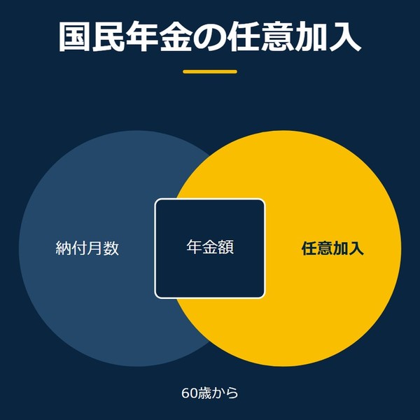 「国民年金の任意加入」を示す図です。納付月数／任意加入／年金額を並べています。強調しているのは任意加入です。60歳からと添えています。