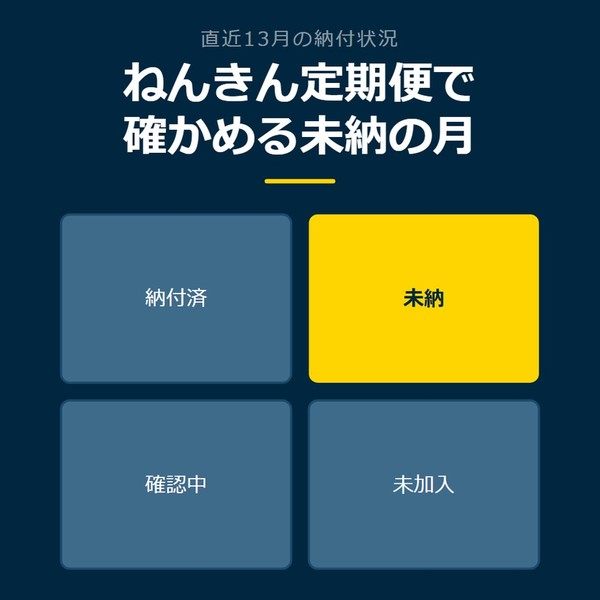 「ねんきん定期便で確かめる未納の月」を示す図です。納付済／未納／確認中／未加入を並べています。強調しているのは未納です。