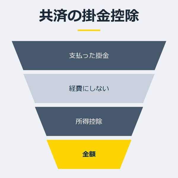 「共済の掛金控除」を示す図です。支払った掛金／経費にしない／所得控除／全額を並べています。強調しているのは全額です。