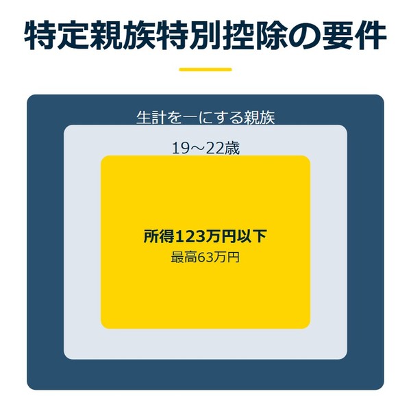 「特定親族特別控除の要件」を示す図です。生計を一にする親族／19〜22歳／所得123万円以下を並べています。強調しているのは所得123万円以下です。最高63万円と添えています。