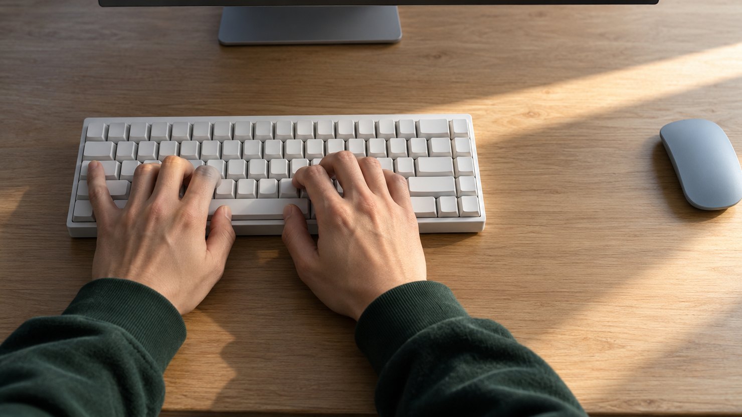 マウスを脇に置き、無刻印のキーボードだけで操作する両手の写真です。