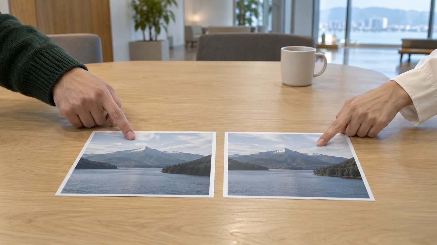 テーブルに並べた2枚の風景写真を、二人がそれぞれ指して見比べる写真です。