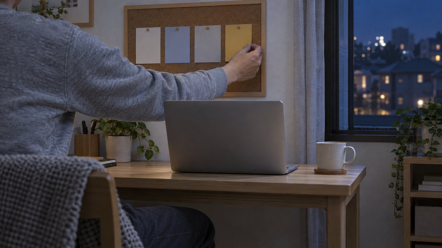 夜の自宅の窓際の机で、コルクボードの無地のカードを並べ替えるエンジニア