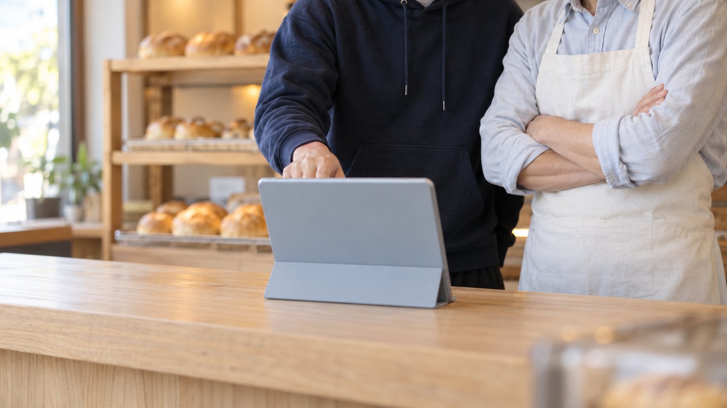 開店前のパン屋のカウンターで、店主とエンジニアがタブレットをのぞき込む