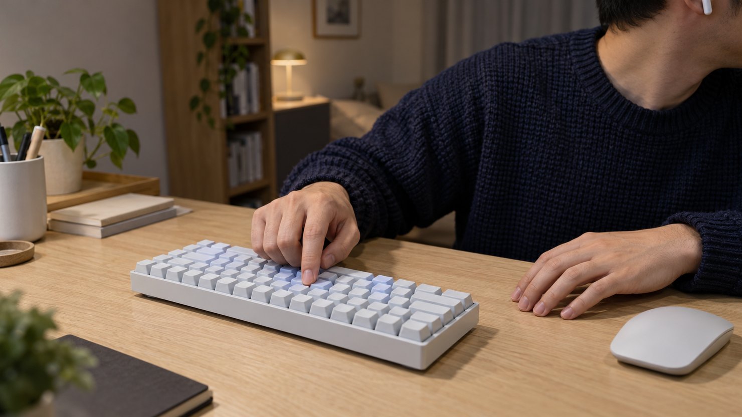 夜の書斎で、マウスを使わずキーボードだけで操作を確かめる手元とイヤホン