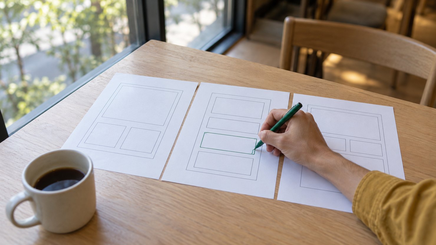 カフェのテーブルで、四角だけで描いた画面の下書きに緑のペンで印を付ける手元
