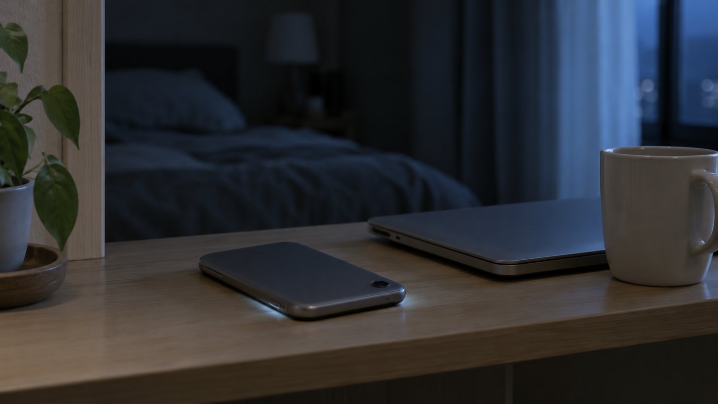 夜の部屋の棚の上で、伏せたスマートフォンの縁が通知で光り、閉じたノートパソコンが並ぶ