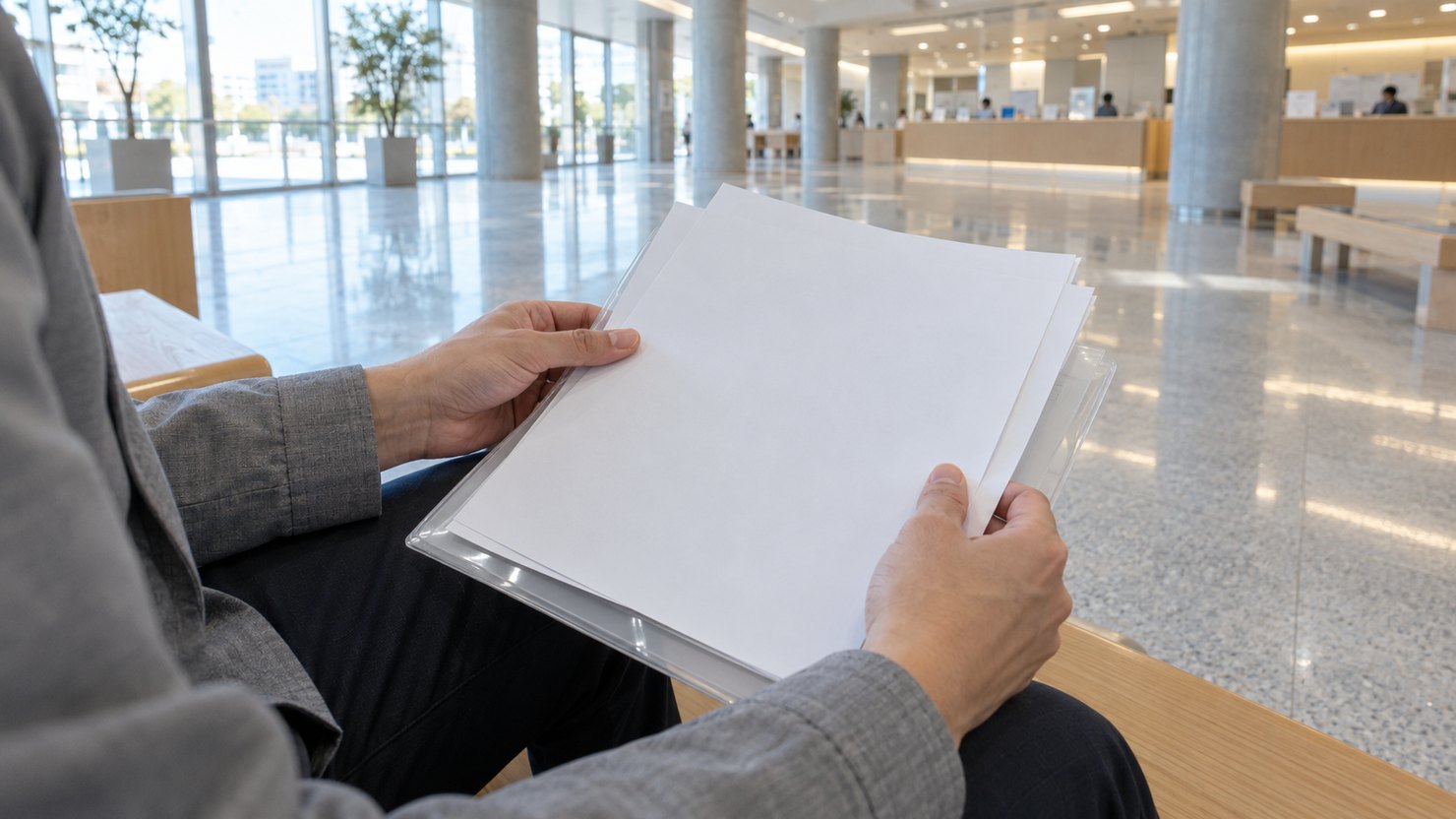 市役所のロビーのベンチで、クリアファイルの白い書類を確かめる手元
