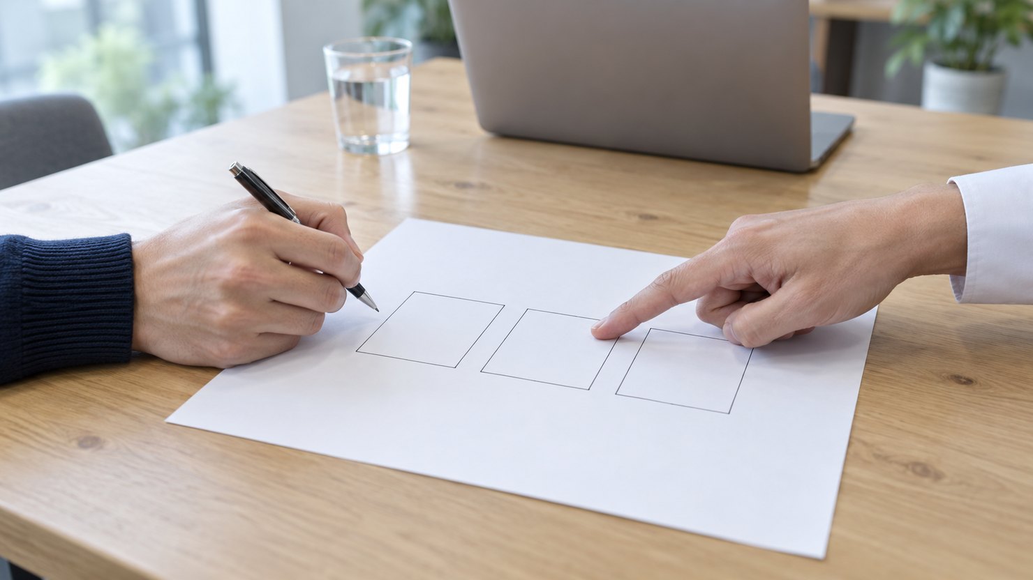 打ち合わせ机で、白い紙に描いた3つの四角を相手と指さして確かめる手元