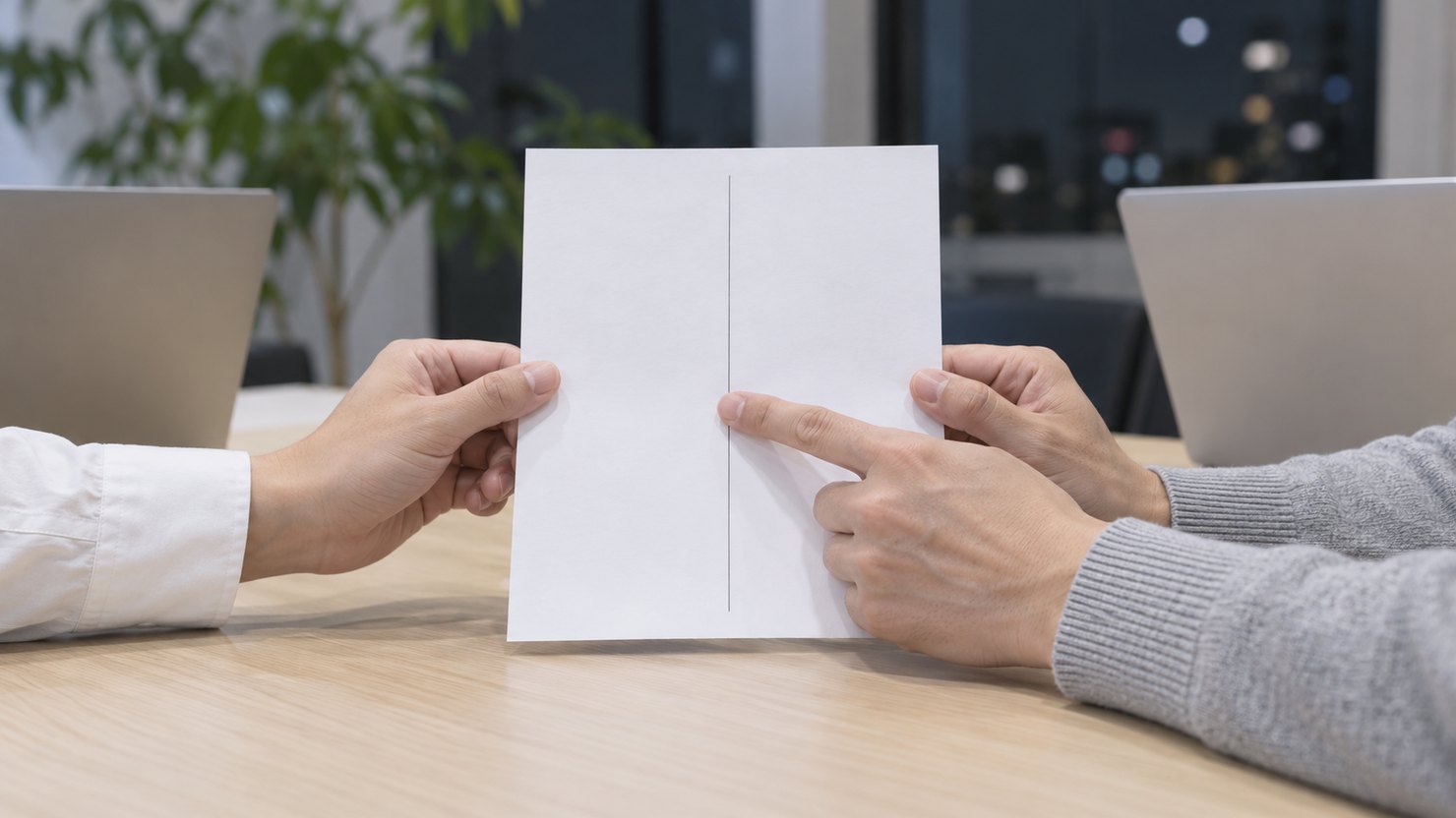 中央に線を引いた1枚の白い紙を、2人が左右から持って確かめる手元
