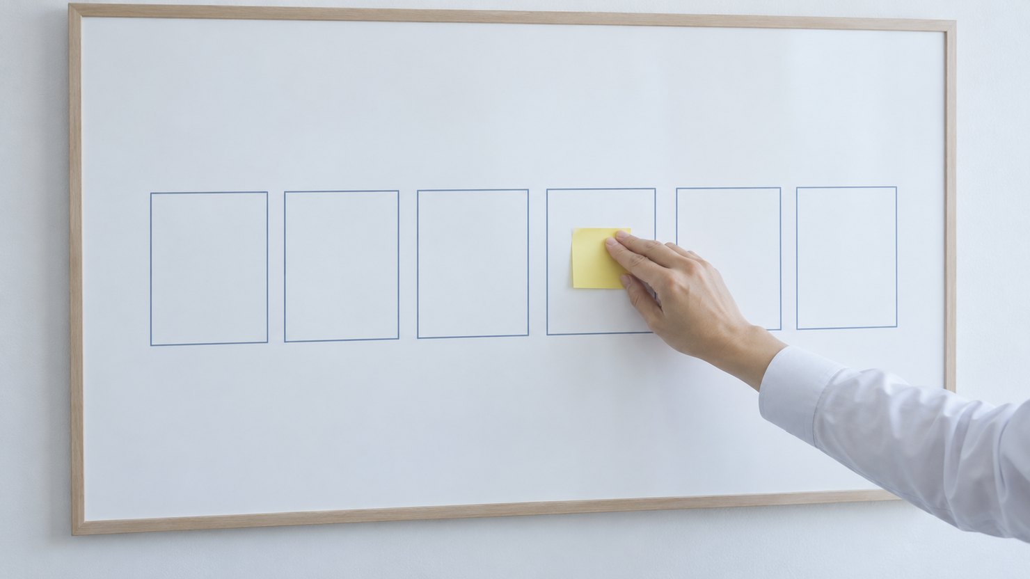 白い壁のボードに並んだ6つの枠の1つに、手が黄色い付箋を貼る場面