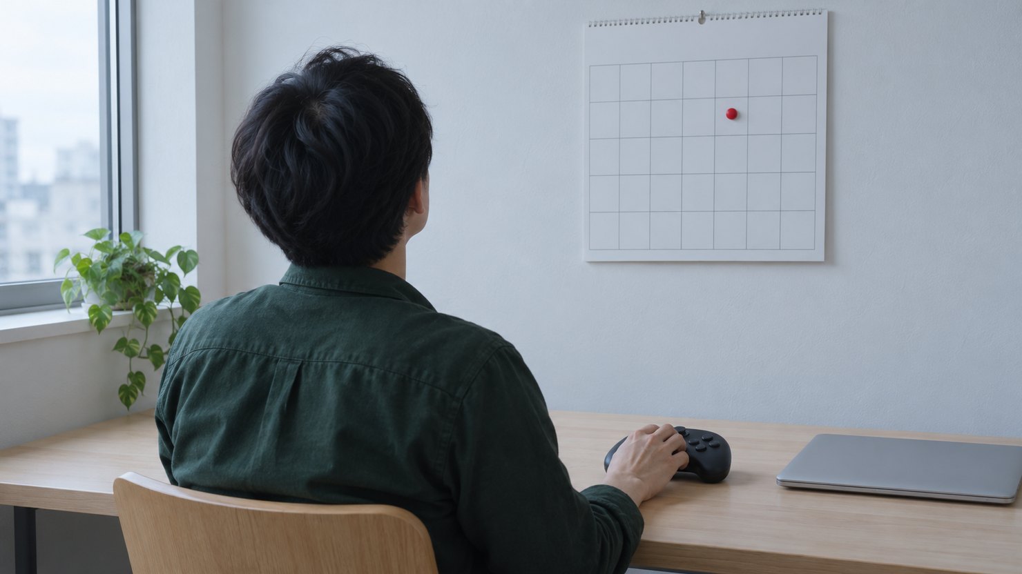 作業机でゲームコントローラーに手を置き、壁のマス目の予定表に付いた赤いマグネットを見る後ろ姿