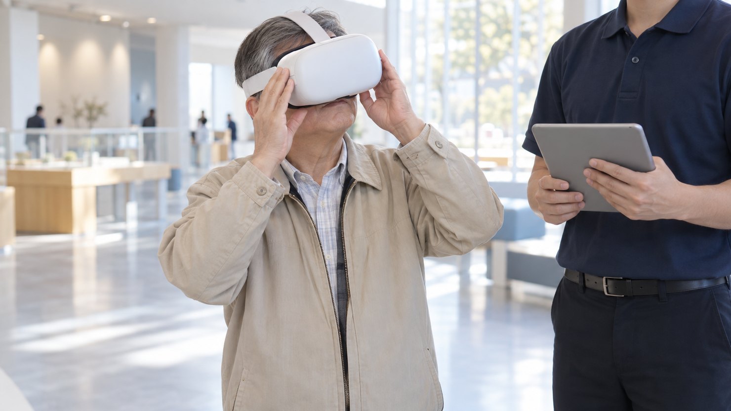 明るい展示スペースで、来場者が白いVRヘッドセットを両手で当て、横でタブレットを持つエンジニアが見守る