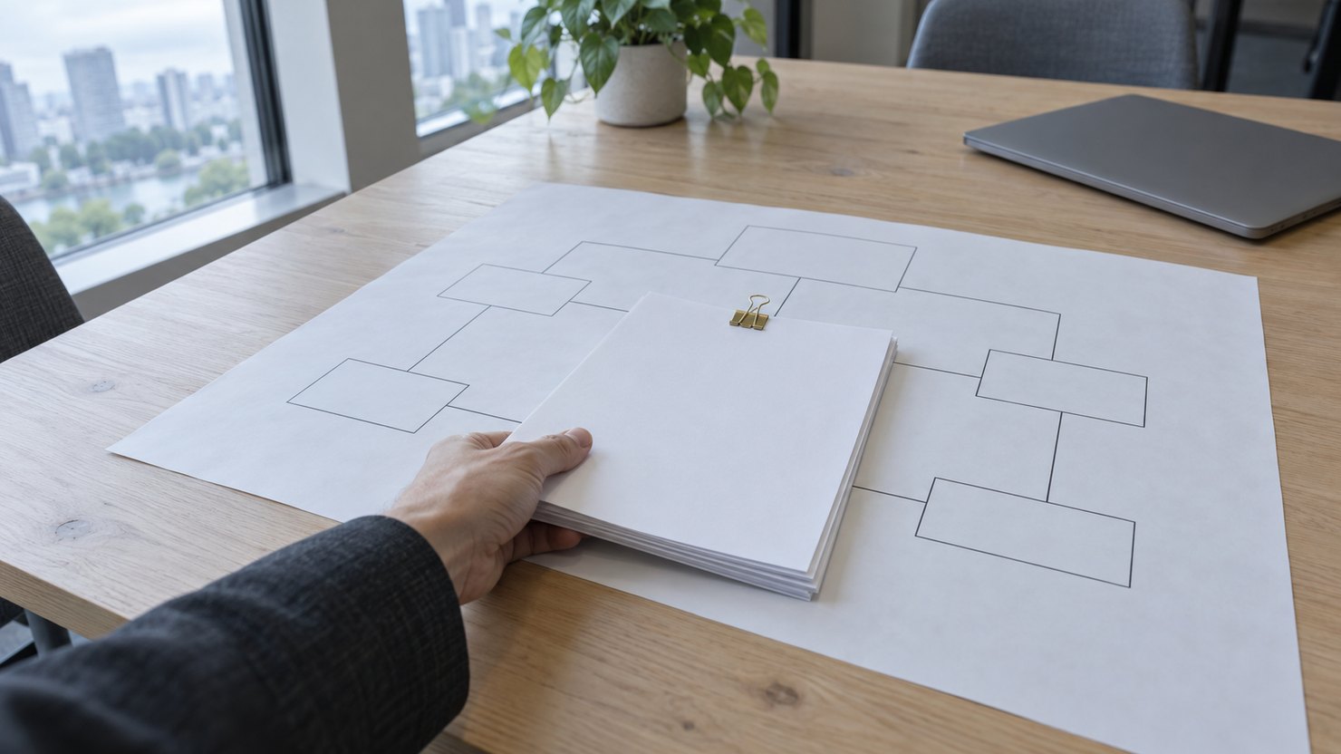 窓際の打ち合わせ机に広げた線と四角だけの構成図の上に、クリップで綴じた書類の束を置く手