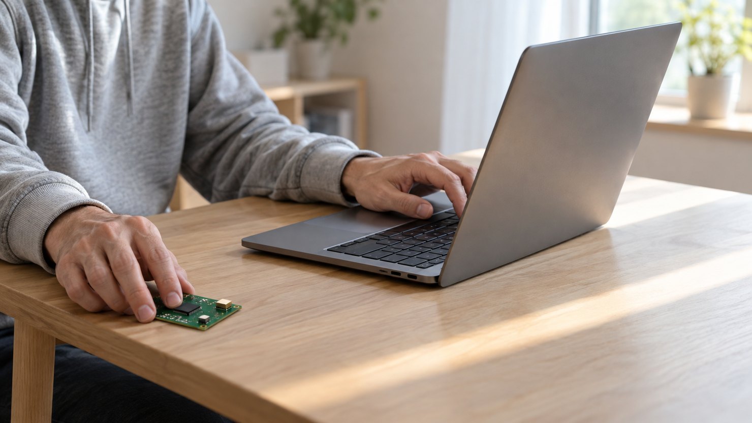 朝の自宅の机で、小さな基板を机の端に寄せ、もう片方の手でノートパソコンのキーボードを打つ