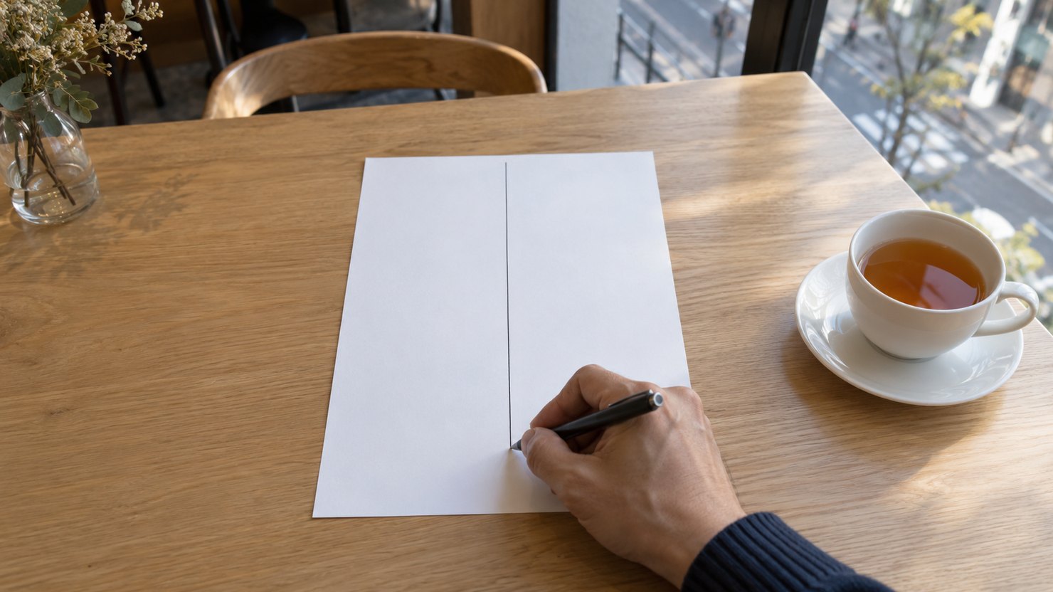 カフェの窓際のテーブルで、白い紙の中央にペンで縦線を1本引いて左右に分ける手元