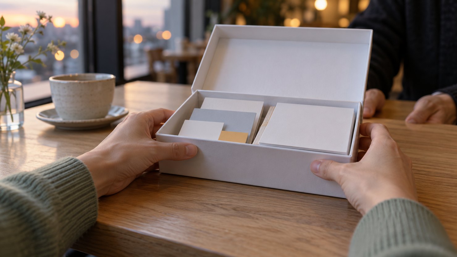 夕方のカフェのテーブルで、色見本のカードと紙を収めた白い箱を両手で向かいの相手へ押し出す