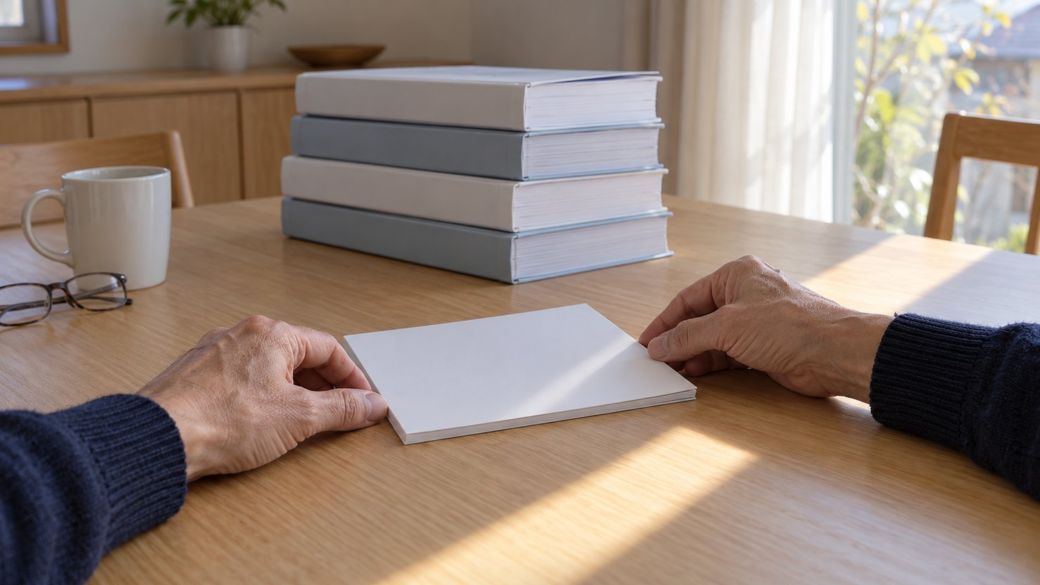 朝のダイニングの机で、奥に積まれた厚いファイルを背に、薄い白い冊子を両手で手前に置く