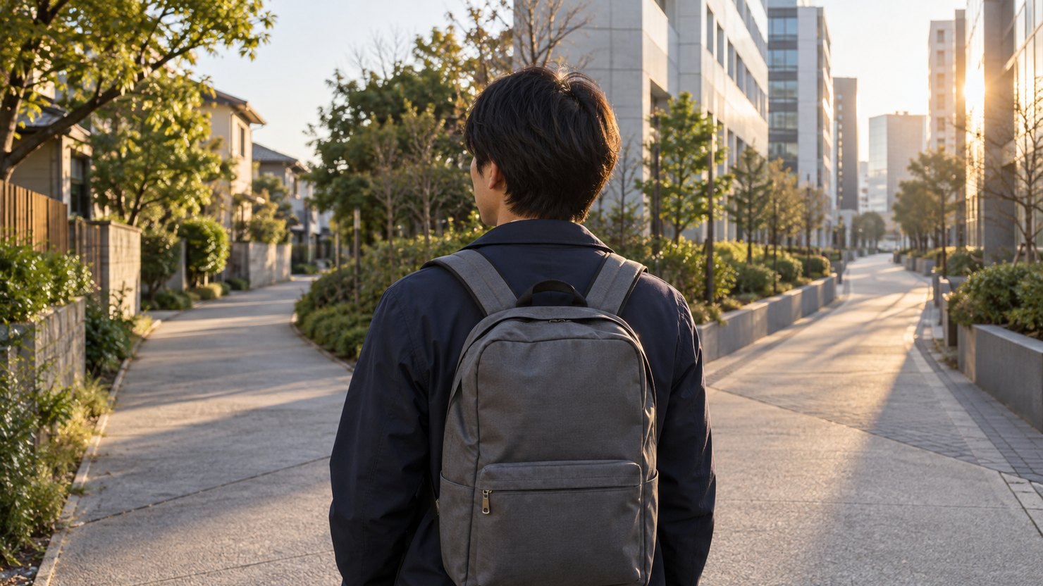 朝の街角で、住宅街とオフィス街に分かれる道の手前に立つ、リュックを背負った人の後ろ姿