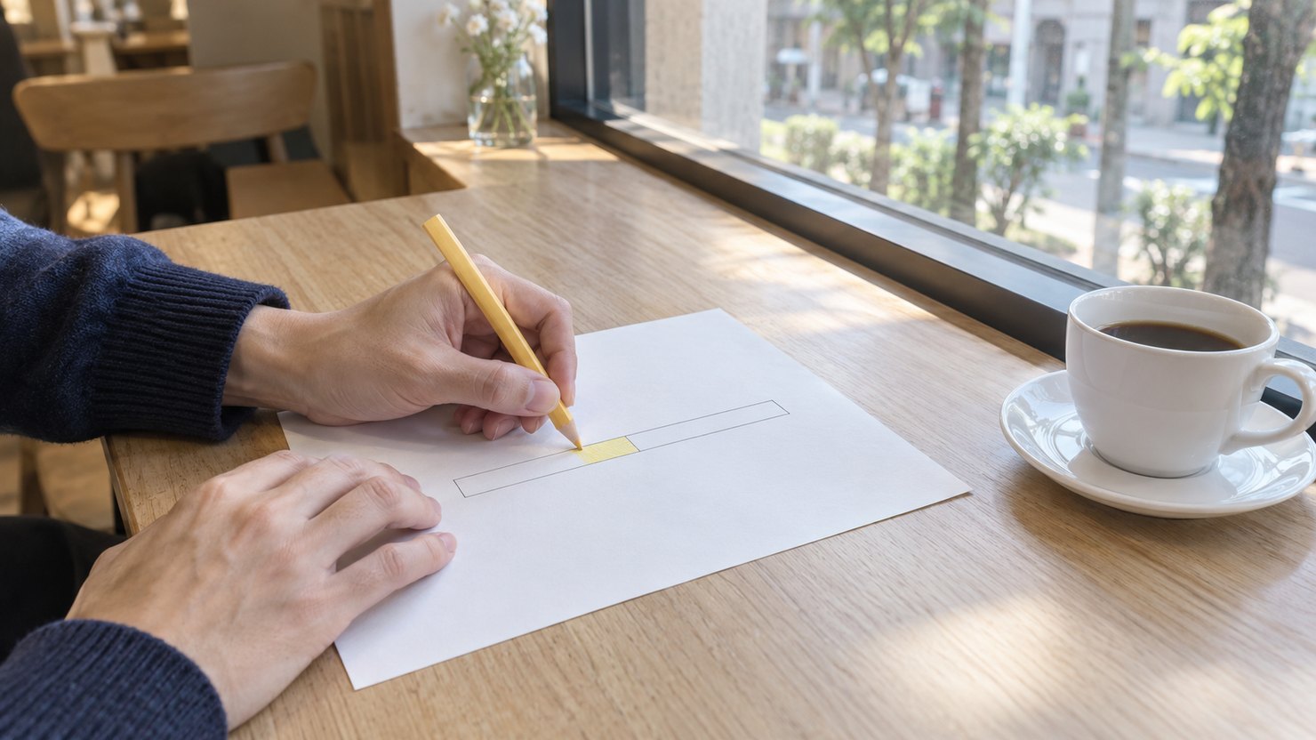カフェの窓際で、白い紙に描いた横長の帯の一部を黄色い色鉛筆で塗る手