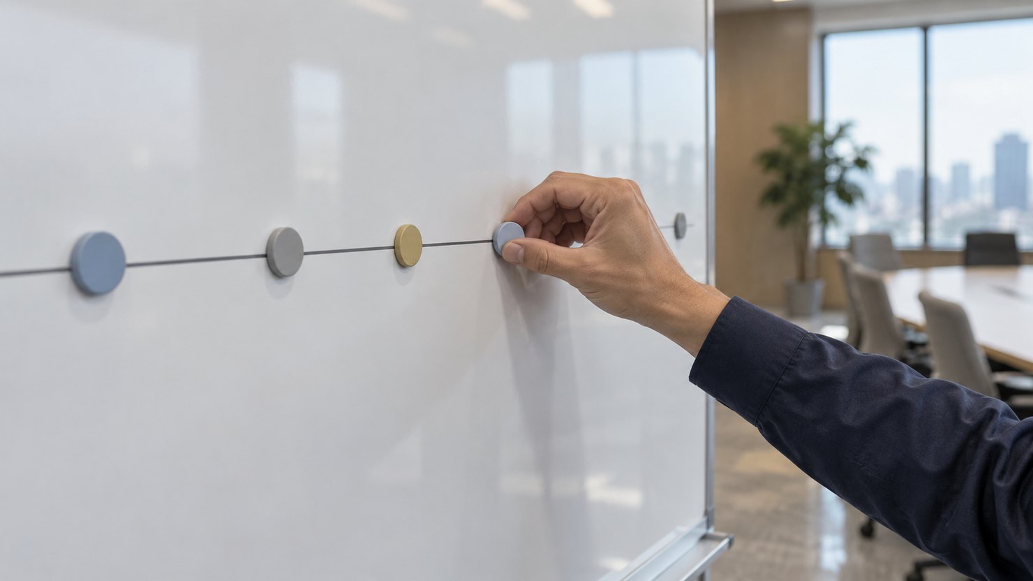 会議室のホワイトボードに引いた横線の上に、丸い磁石を間隔を空けて並べる手