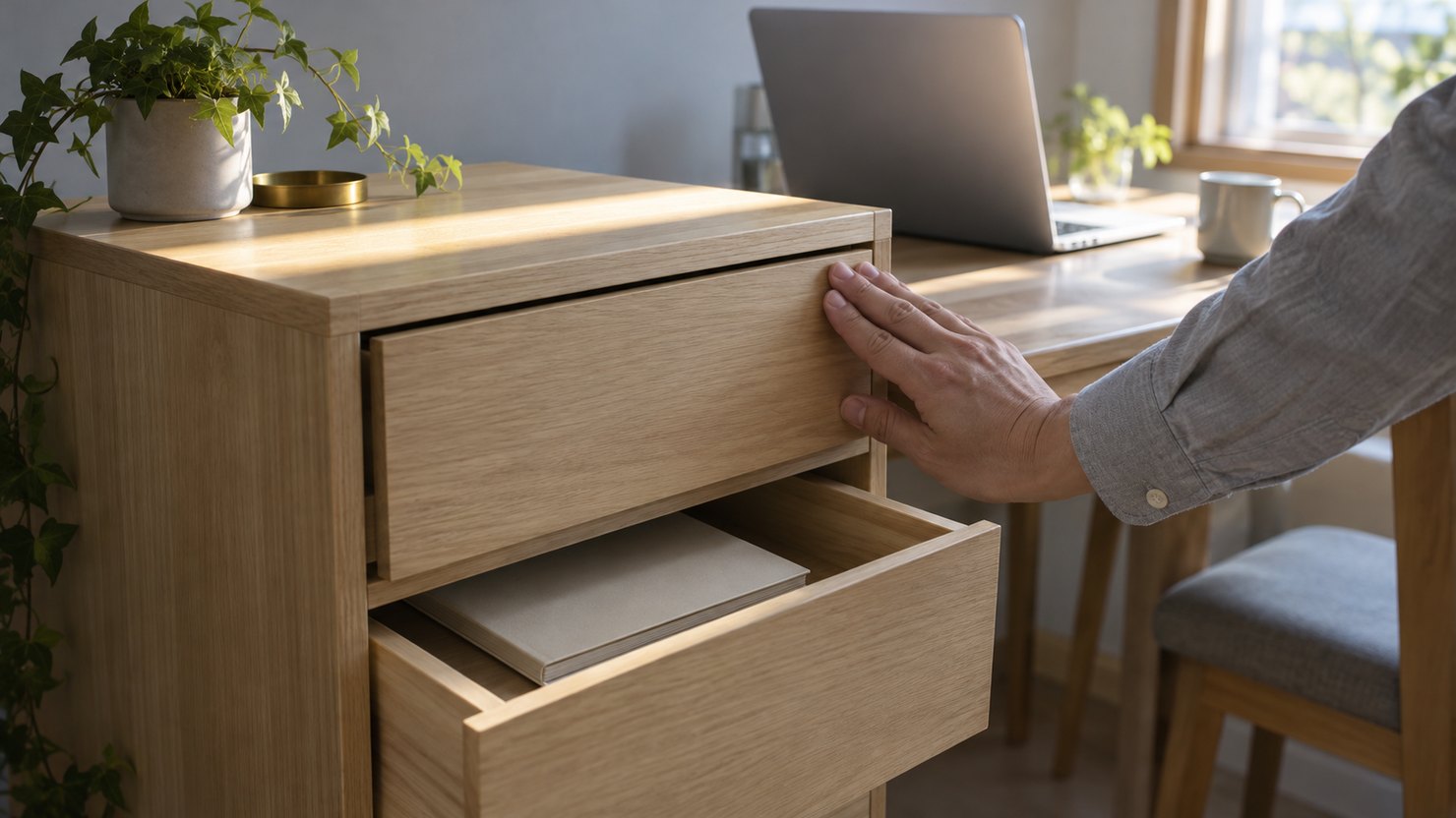朝の作業部屋で、2段の木の引き出しの上の段を手で閉じる。下の段には無地のノート