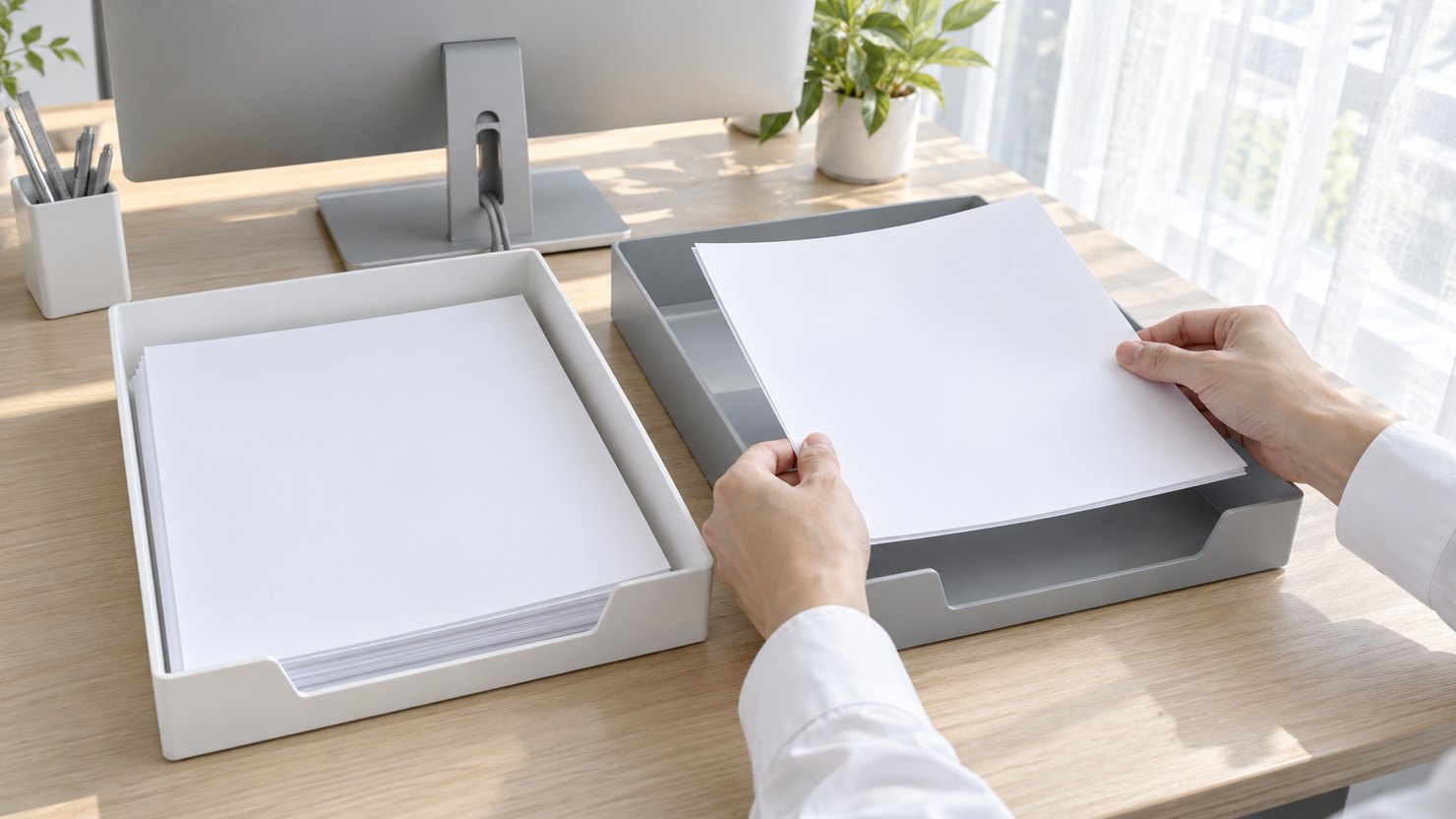 明るいオフィスの机で、白と灰色の2つのトレーのうち灰色のトレーに書類を入れる両手