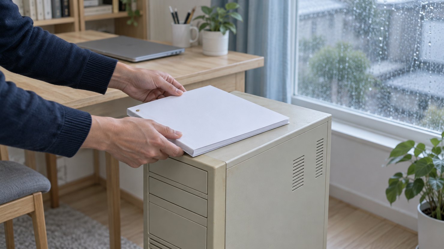 雨の日の作業部屋で、古びた小型のベージュ色の機械の天板に綴じた報告書を置く両手