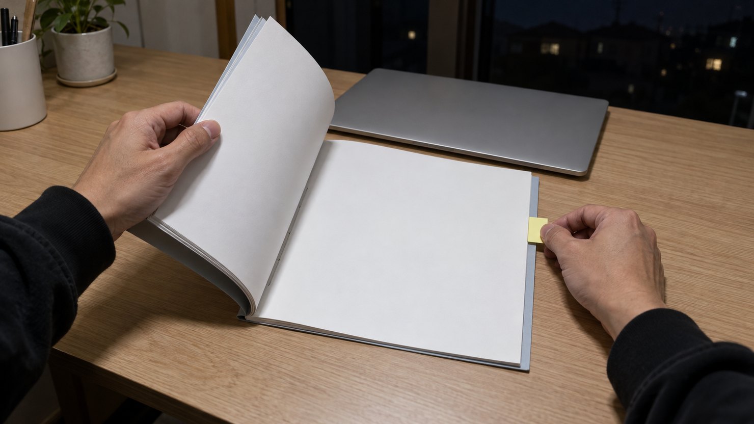 夜の机で、綴じた無地の書類をめくり、最後のページの端に黄色い付箋を貼る手