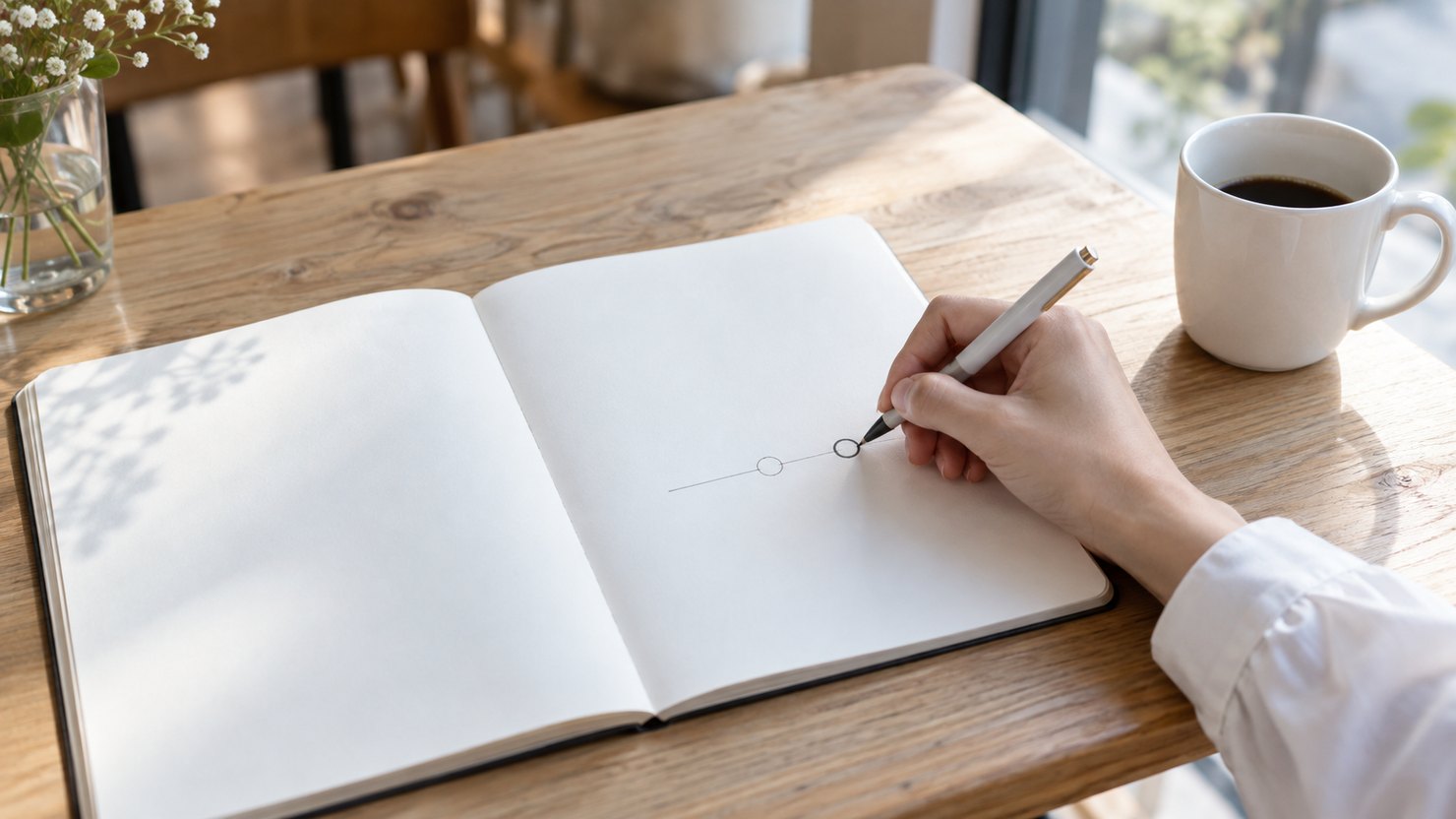 カフェの窓際で、開いたノートの横線の上の丸のすぐ右に、新しい丸を描く手
