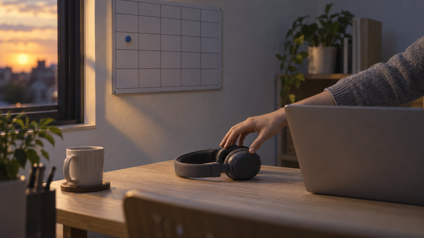 夕方の作業部屋で、壁のマス目の予定表に青いマグネットが1つあり、机のヘッドセットに手を伸ばす