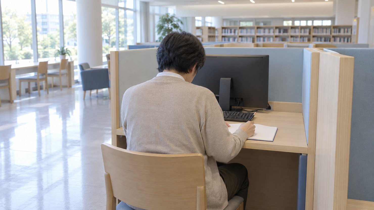 明るい閲覧室の仕切りのある席で、備え付けの端末の前に座りノートに書く後ろ姿