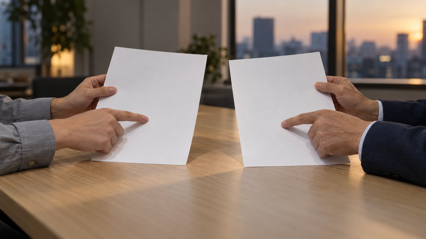 夕方の打ち合わせ机で、2人がそれぞれ手元の無地の書類の同じ位置を指で示す