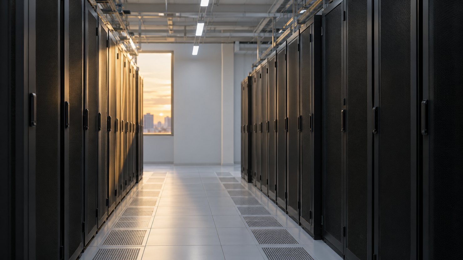 扉の閉まった黒いサーバーラックが両側に並ぶ無人のデータセンターの通路