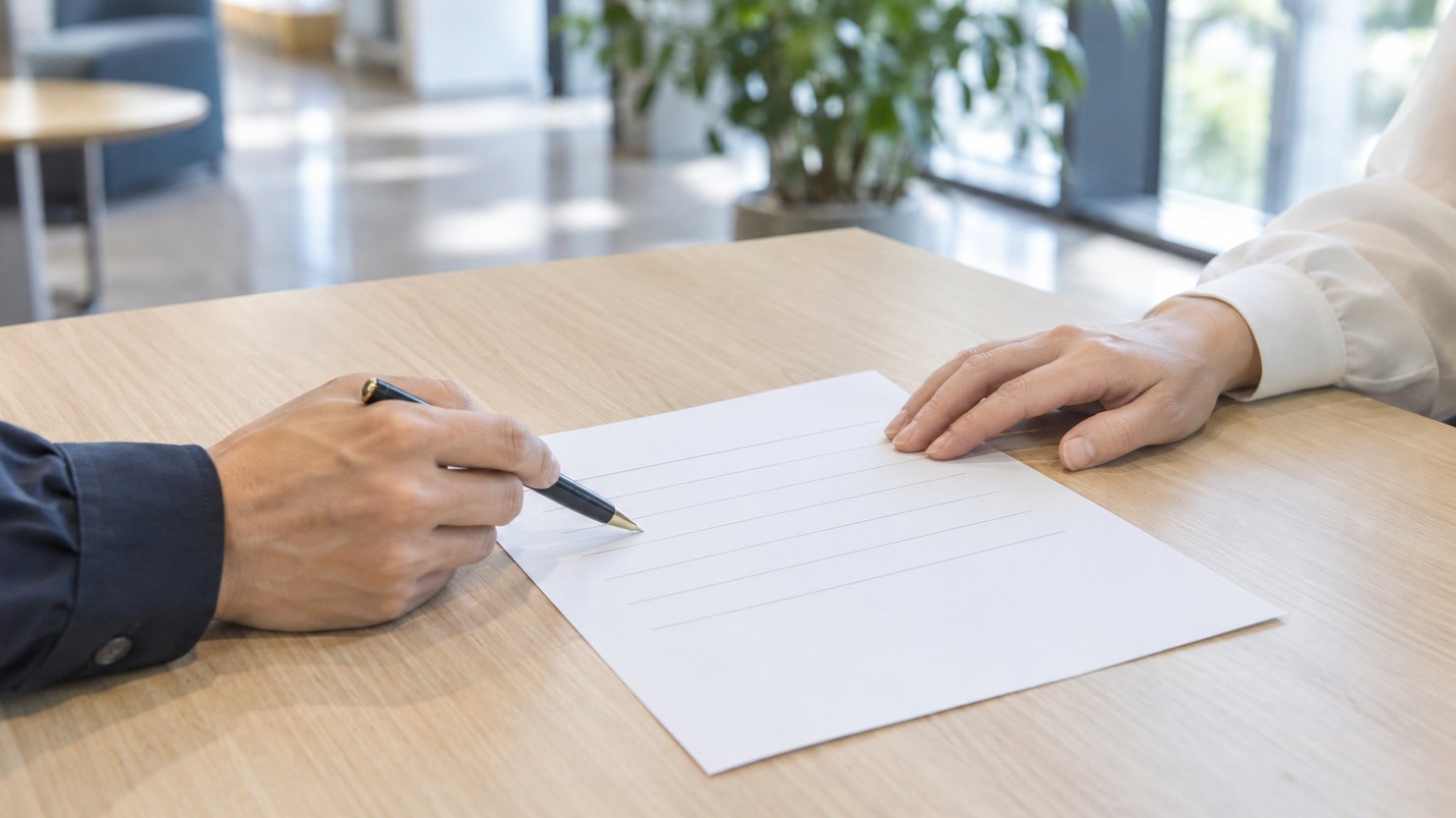 明るい打ち合わせ机で、罫線だけの書類をペンで指す手と書類に添える手