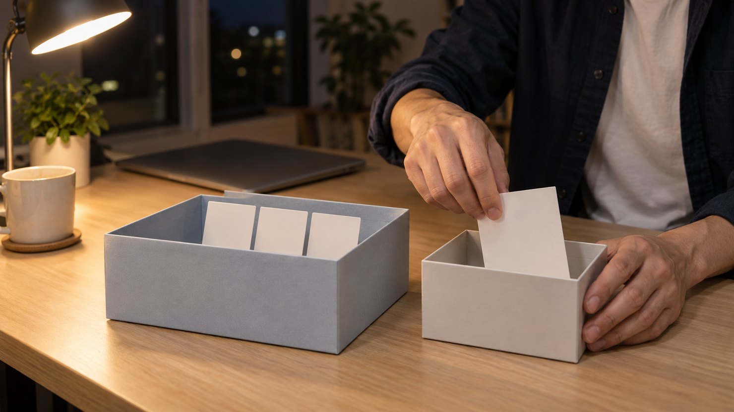 夜の机で、大きな箱にカード3枚が立ち、小さな箱にカードを入れる手元