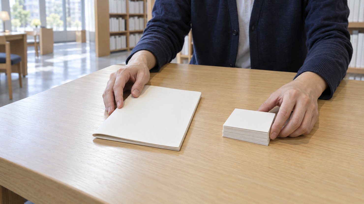 閲覧室の机で、無地の冊子とカードの束を左右に分けて置く両手