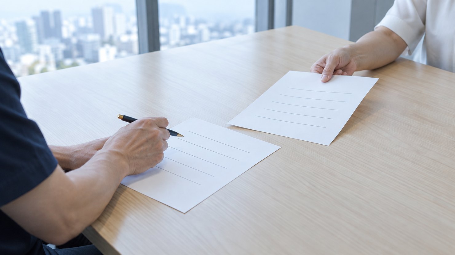 打ち合わせ机で、2人がそれぞれ罫線だけの書類を持ち、片方がペンで指す