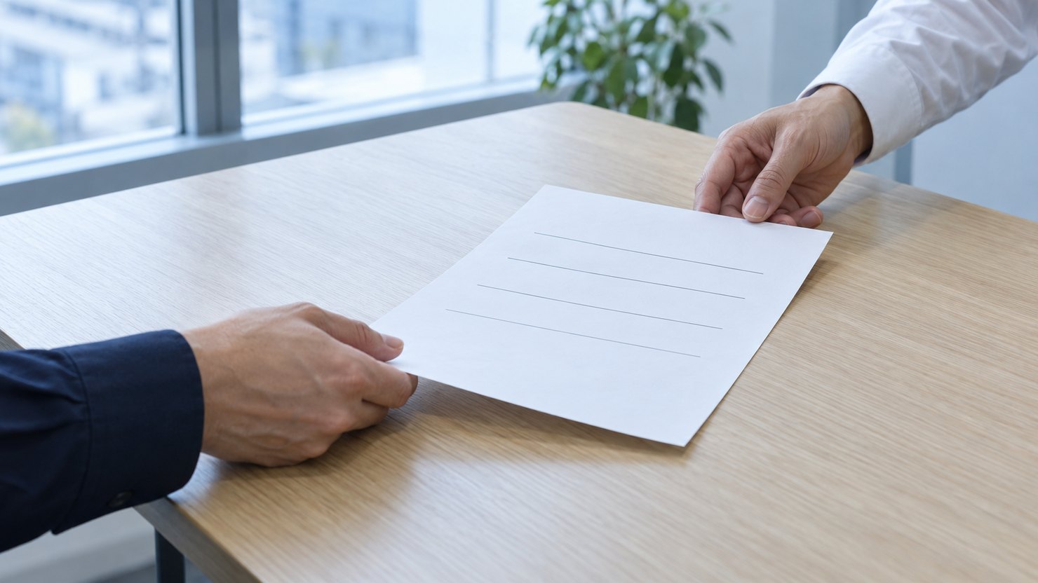 打ち合わせ机で、罫線だけの書類を相手に向けて置き、2人の手が端に触れる